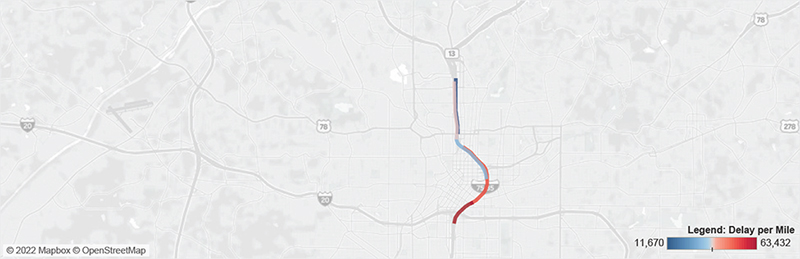 Map of I-75/I-85 in Atlanta from I-20 to the I-75/I-85 split.