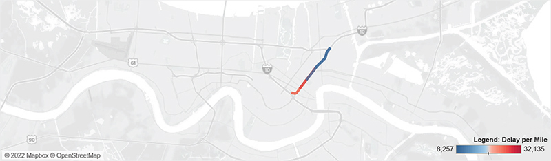 Map of I-10 in New Orleans from I-610 to the Pontchartrain Expressway.