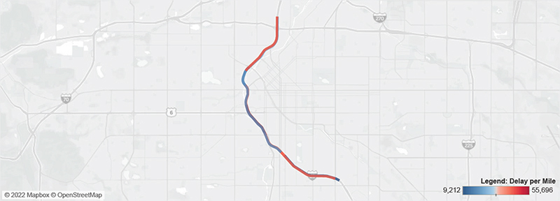 Map of I-25 in Denver from I-70 to University Boulevard.