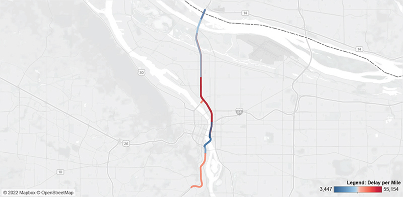 Map of I-5 in Portland from the Columbia River to Terwilliger Boulevard.