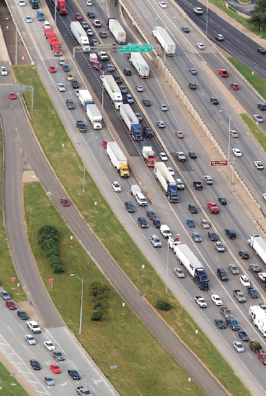 Aerial view of congestion on I-35 in Austin, Texas.