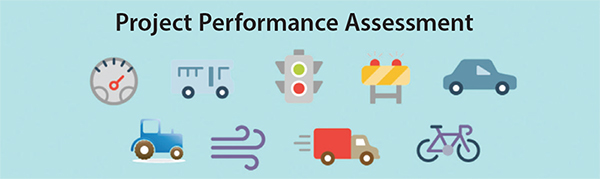 Project Performance Assessment graphic displaying icons for different modes of transportation and traffic control devices (gauge, bus, traffic signal, work zone barrier, automobile, tractor, weather, freight truck, and bicycle.