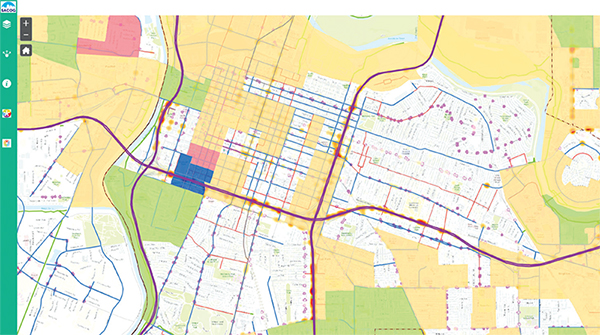 Screenshot of the PPA tool showing a road network in Sacramento, California with color coded use zones and a menu of icons on the left hand side of the screen.