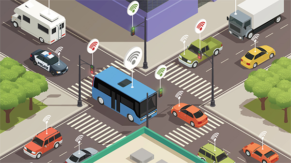 Illustration of a smart intersection with vehicles (passenger vehicles, police cars, buses, trucks) and traffic signals 'talking' to each other.