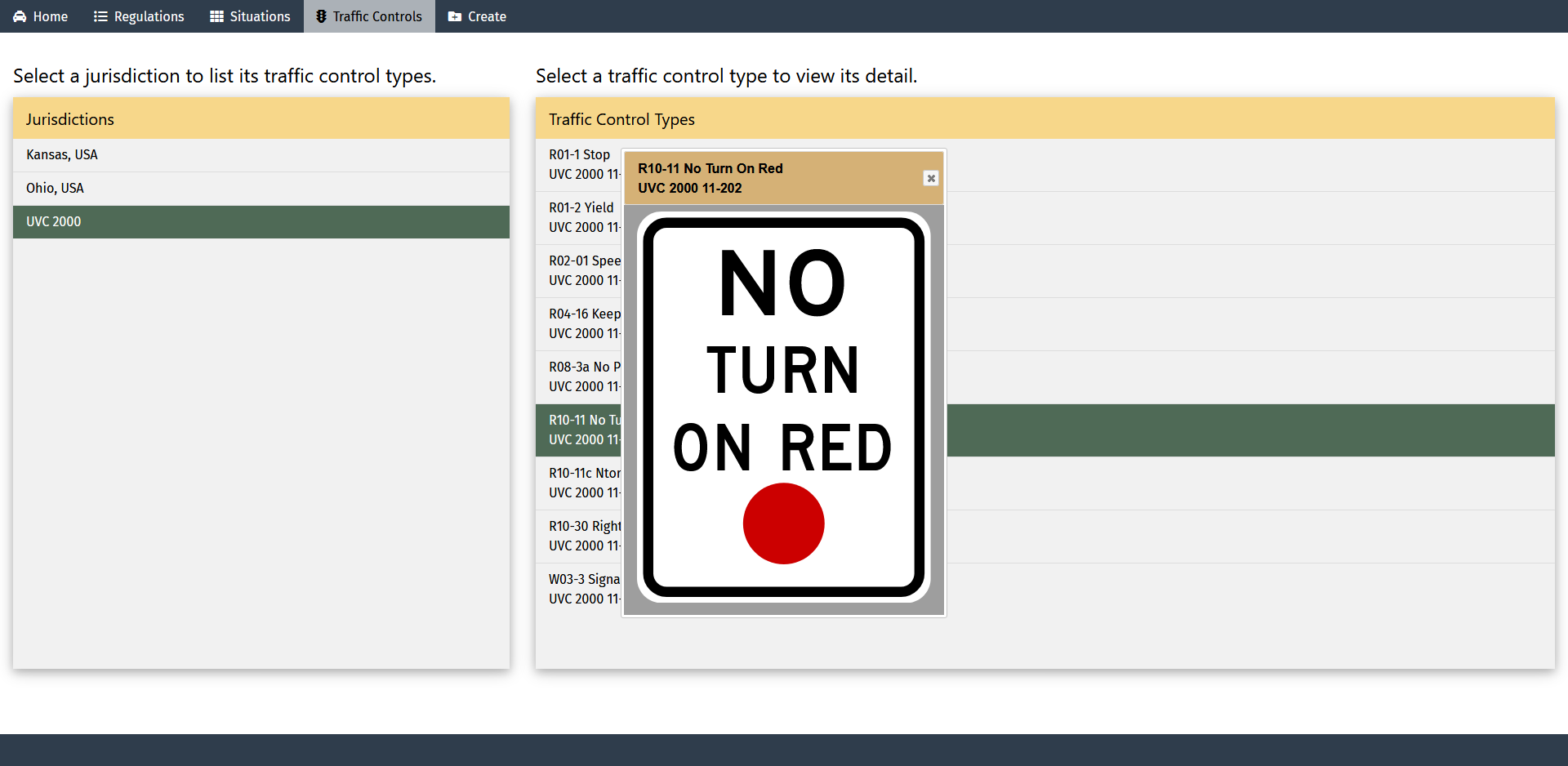 Screen capture of an automated driving systems regulations network page depicting the traffic control device associated with the selected traffic control tyupe; in this case, a No Turn on Red warning sign.