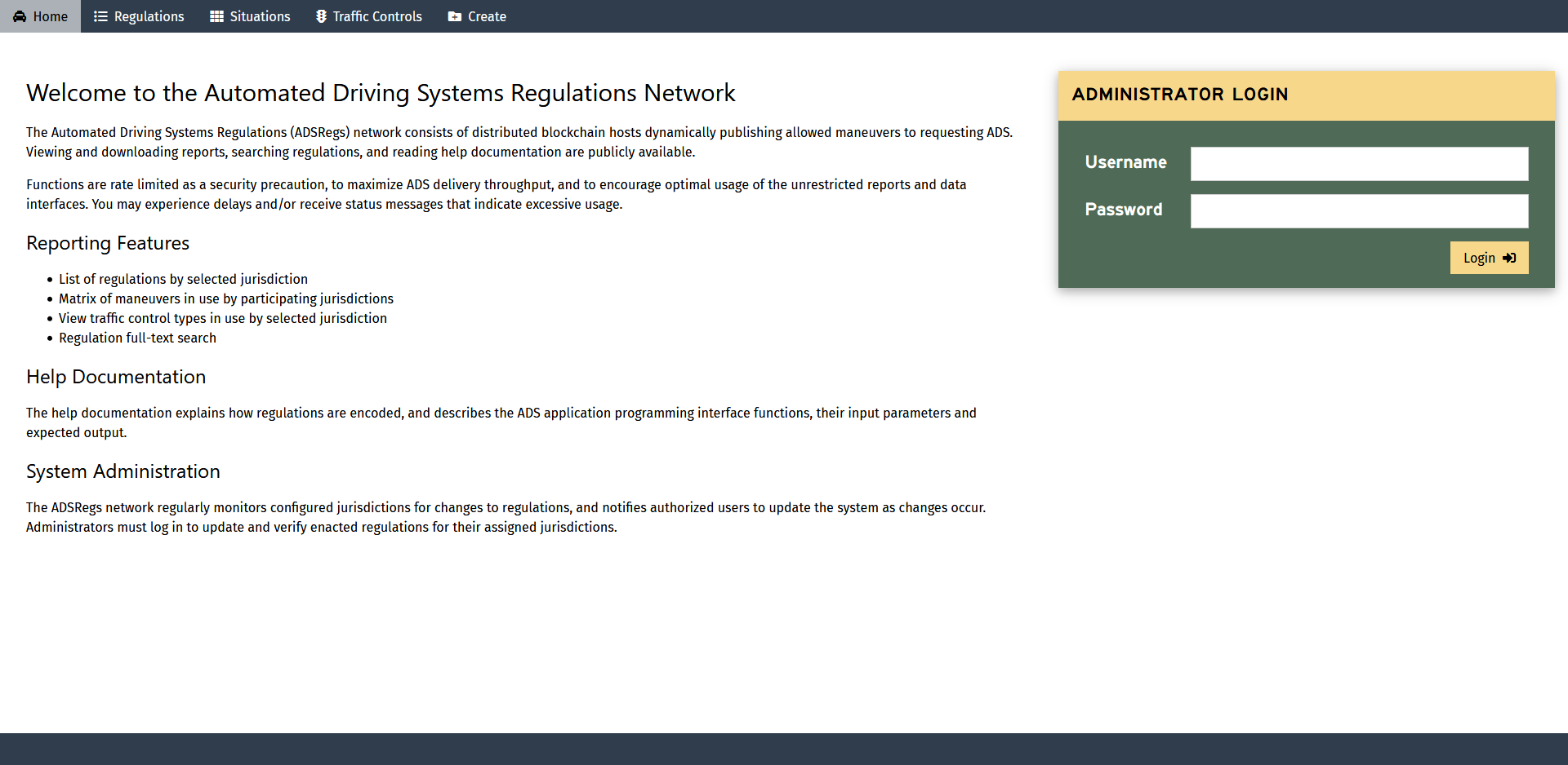 Screen capture of the home page for the Automated Driving Systems Regulations Network.