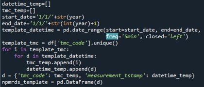 datetime_temp=[] \\ tmc_temp=[] \\ start_date ='1/1/'+str(year) \\ end_date='1/1'+str(int(year)+1) \\ template_datetime = pd.date_range(start=start_date, end=end_date, freq =...see longdescription