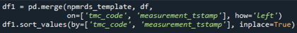 df1 = pd.merge(npmrds_template, df, \\ On = ['tmc_code', 'measurement_tstamp'], how='left') \\ df1.sort_values(by='tmc_code', 'measurement_tstanp'], inplace=True)