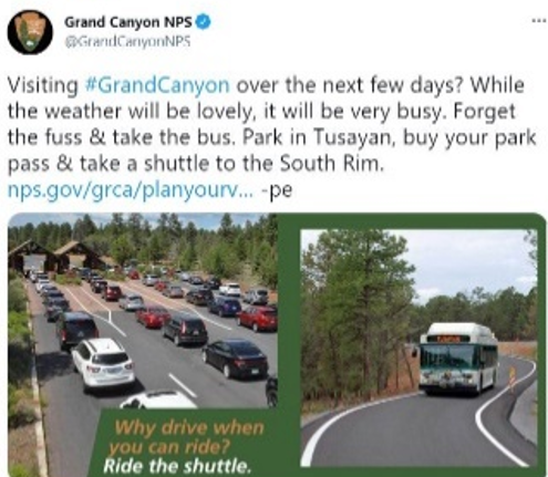Screen capture of a social media post containing two photos, one of long lines of vehicles waiting to enter the park and one of a single shuttle bus on a roadway.