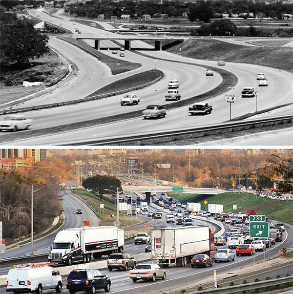 Photos from 1957 (top photo) and 2012 (bottom photo) showing the change in traffic on the same section of I-35 in Austin, Texas.