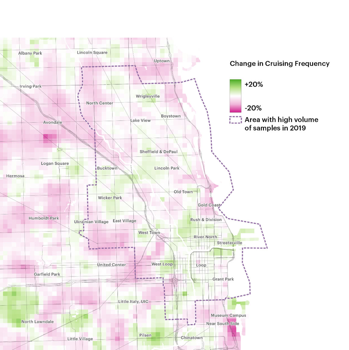 This map is a mesoscopic view of a section of Chicago spanning from Uptown in the north to Chinatown in the south and from Ukrainian Village in the west to Streeterville in the east.