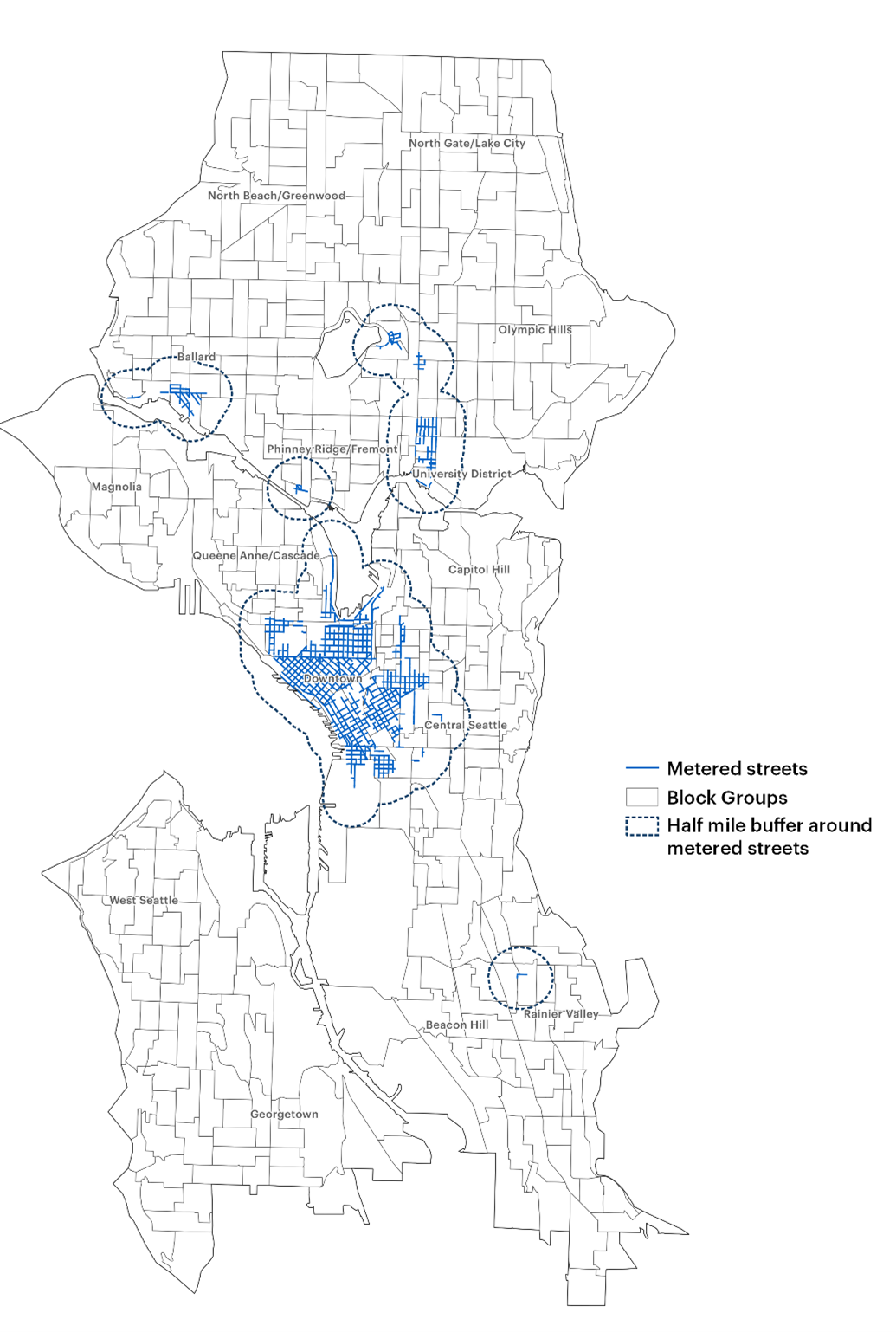 This mesoscopic-level street map of Seattle contains dotted lines that surround areas on the map that include a microscopic overlay of streets with parking meters.