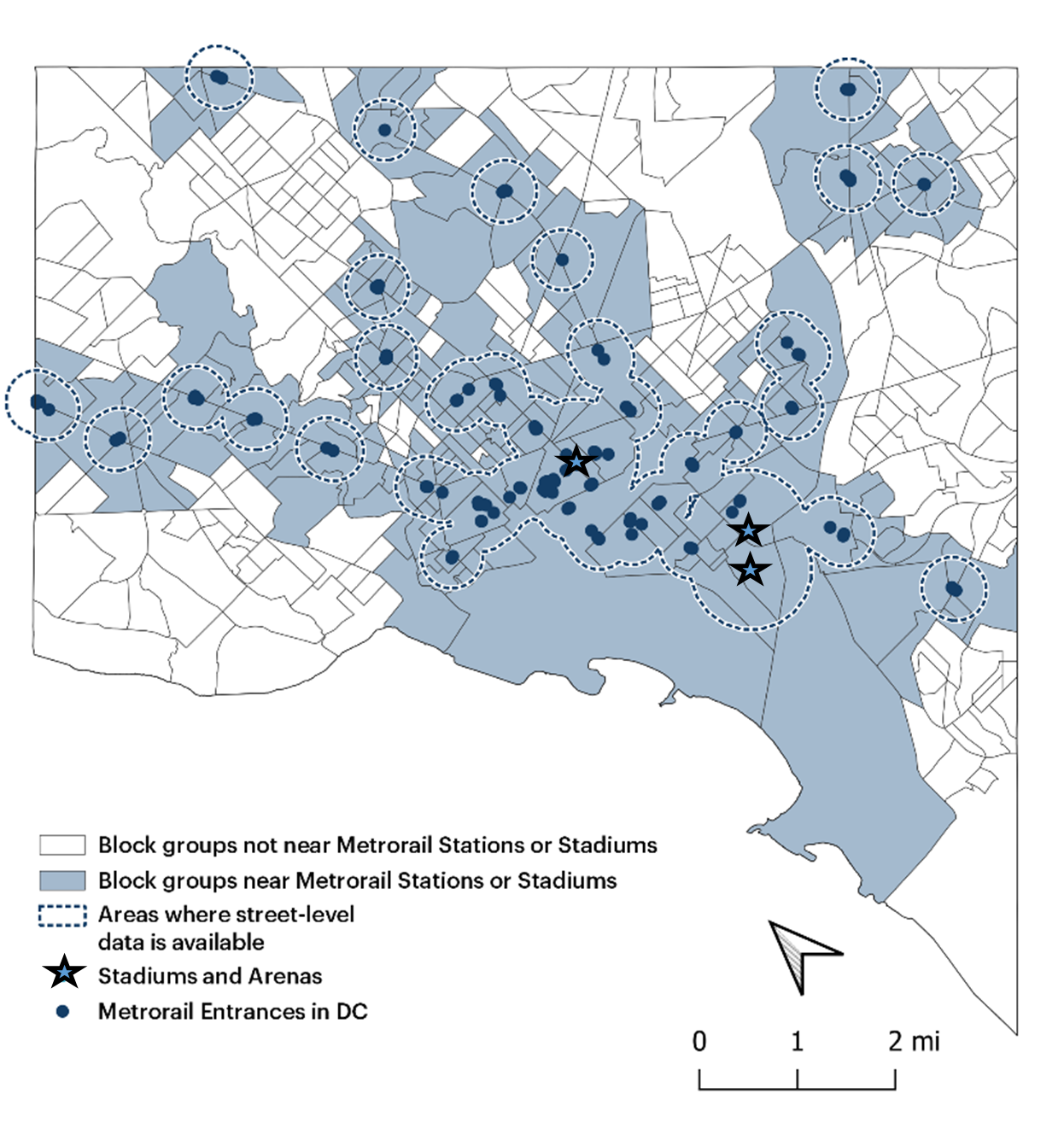 This map includes a mesoscopic-level overlay of the Washington, DC, study area, with microscopic overlays of street-level data in areas surrounding metro entrances, represented by dots.