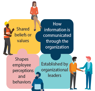 Organizational culture is represented by shared beliefs or values, is characterized by how information is communicated through the organization, is established by organizational leaders, and shapes empoloyee perceptions and behaviors