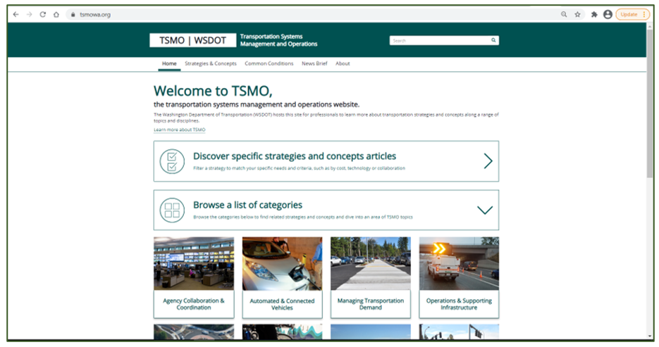 Screen capture of the Washington State DOT's TSMO web page.
