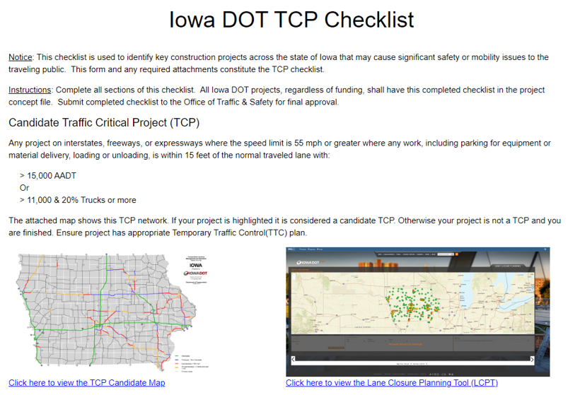 This screen capture depicts the Iowa DOT traffic Critical Project checklist.