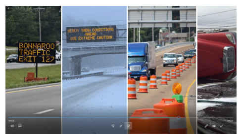 Collage of photos including a roadside dynamic message sign, a gantry-mounted dynamic message sign, traffic driving in a line bordered by traffic barrels, and the front end of an overturned vehicle on an icy roadway.