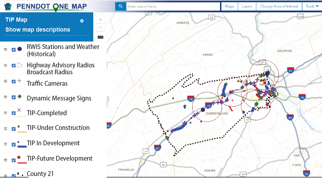 This screen capture depicts a web application displaying intelligent transportation system assets.