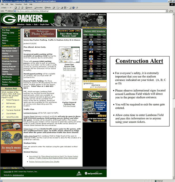 screen shot of a page on the Green Bay Packers website, www.packers.com, with parking and traffic information