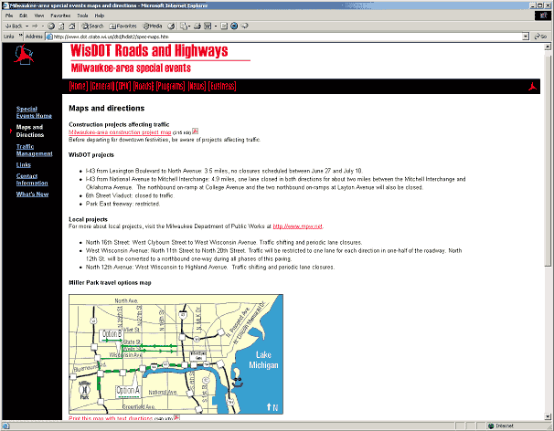 screen shot of the Maps and Directions page of the WisDOT Roads and Highways, Milwaukee-area special events website