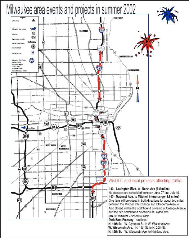 map showing Milwaukee area events and projects in summer 2002