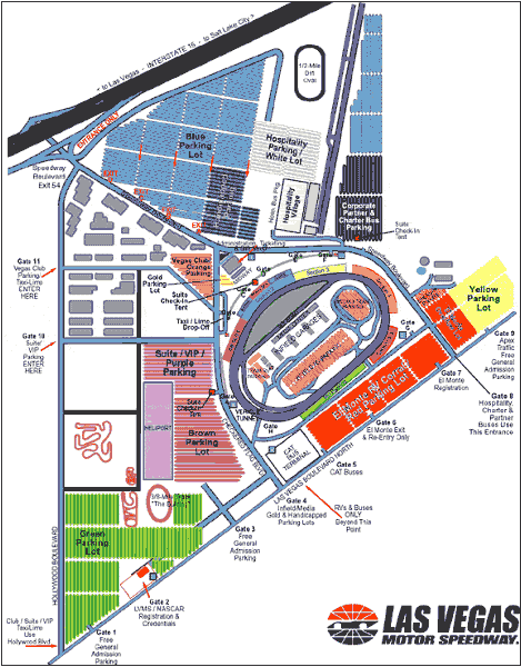 map of the Las Vegas Motor Speedway showing 11 entry gates, 11 parking areas, bus terminals, and taxi drop-offs. There is one parking lot for handicapped parking and one for corporate partner and charter bus parking