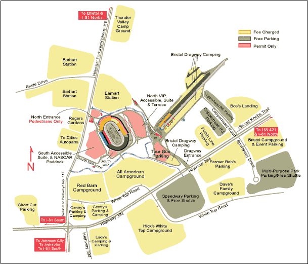 map of the Bristol (TN) Motor Speedway showing various parking lots and campgrounds. The map is color coded to show which lots and campgrounds charge a fee, which parking lots are free, and which are permit only. All campgrounds charge a fee. Two of the free parking lots indicate that there is a free shuttle