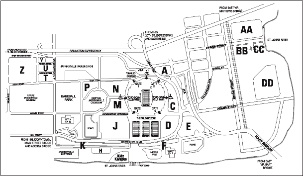 map of the designated parking lots for the Jacksonville (FL) Jaguars NFL football games. Lots listed are designated as A through Z and AA through DD