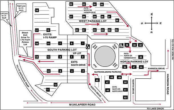 parking egress map for the Palace of Auburn Hills (MI). Arrows show the direction of traffic flow from each parking area