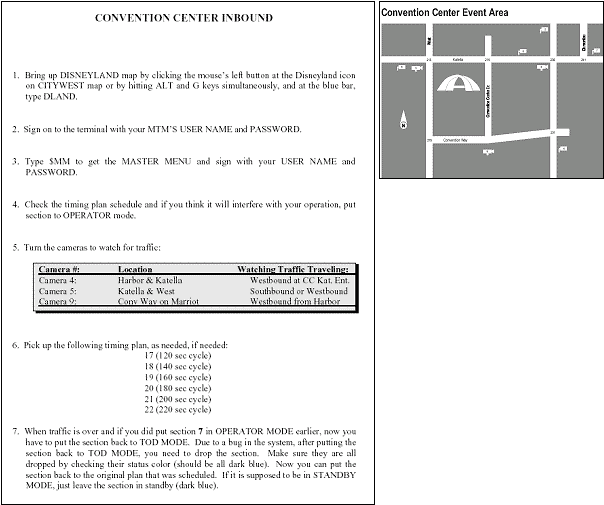 page from Special Event Manual showing sample protocol for operating the traffic signal system at a planned special event at the Anaheim (CA) Convention Center
