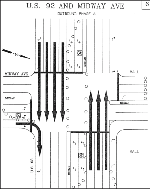 map showing an intersection control plan, Outbound Phase A, for Daytona (FL) Speedweeks. The intersection shown on the map is U.S. 92 and Midway Ave.