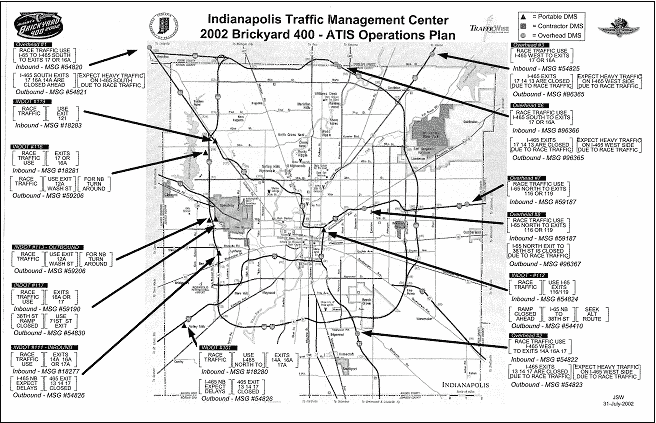 map showing an ATIS Operations Plan, for freeway signs, for the 2002 NASCAR Brickyard 400 in Speedway, IN.  The map is from the Indianapolis Traffic Management Center and indicates the text of the freeway signs and where each sign is located