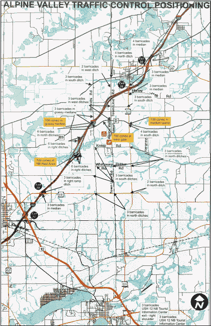 map showing the position of traffic control equipment for an Alpine Valley (WI) concert event. The map indicates where barricades and cones are located and the number of barricades and cones at each location