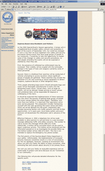 screen shot of a Daytona Beach (FL) Police Department special events web page