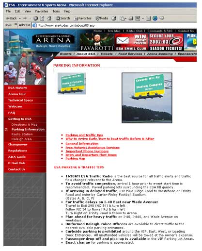 screen shot of parking information web page on the Raleigh (NC) Entertainment and Sports Arena website
