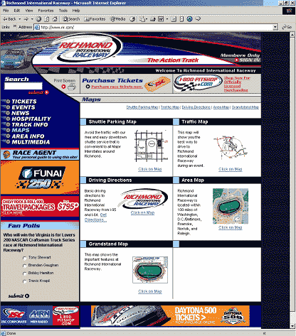 screen shot of map and driving information web page on the Richmond (VA) International Raceway website