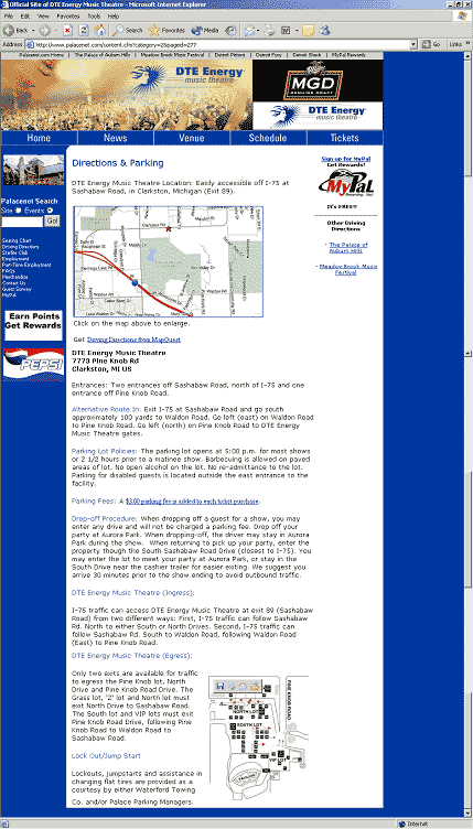 screen shot of driving directions and parking web page on the DTE Energy Music Theatre website