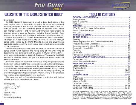 introductory pages from Nazareth Speedway Guest Information Guide, Fan Guide 2003
