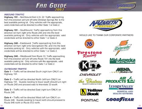 inbound and outbound traffic pages from Nazareth Speedway Guest Information Guide, Fan Guide 2003