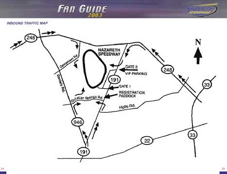 inbound traffic map from Nazareth Speedway Guest Information Guide, Fan Guide 2003, showing Nazareth Speedway and highways surrounding it. Arrows on various highways pointing toward the Speedway show the best routes leading to the Speedway