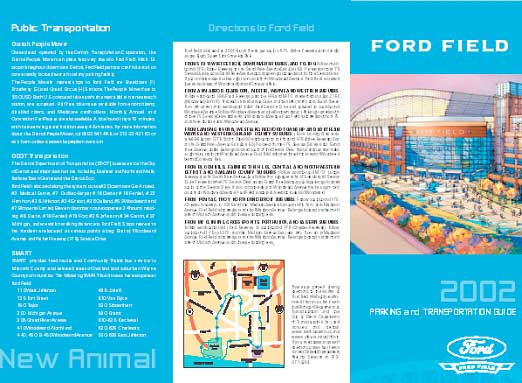cover and pages from Ford Field 2002 Parking and Transportation Guide. Sections are included on Public Transportation, Directions to Ford Field, and a map of the area surrounding Ford Field
