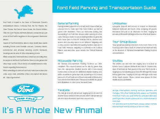 pages from Ford Field 2002 Parking and Transportation Guide. Sections are included on General Parking, Accessible Parking, Taxi Cabs, Limousines, Tour/Group Buses, and Shuttles
