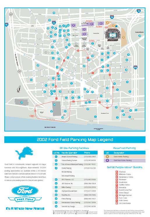 2002 Ford Field Parking Map and Legend, showing the streets around Ford Field with locations of off-site parking facilities, reserved parking, and Detroit People Mover stations labeled with numbers and letters