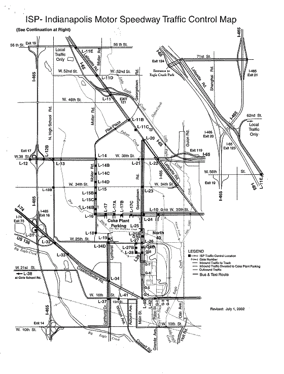 Indiana State Police – Indianapolis Motor Speedway traffic control map for the Indianapolis Brickyard 400 Race, revised July 1, 2002