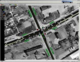 computer animation of simulated traffic operations that shows a street intersection with an aerial photo overlay