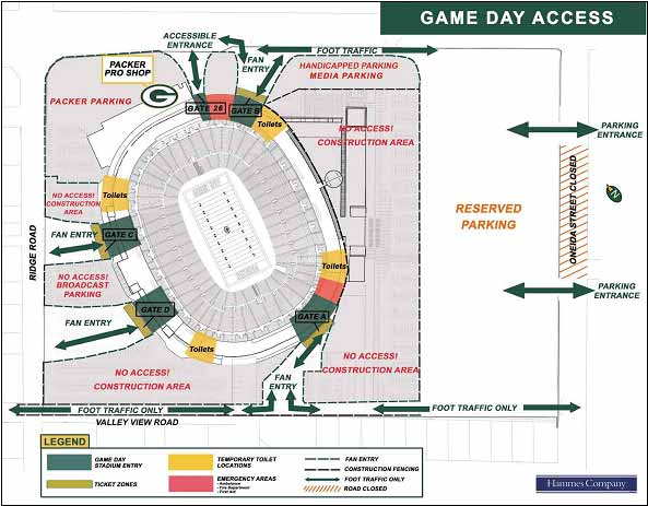 illustration of a site and pedestrian accommodation plan for 2002 Green Bay Packers games during Lambeau Field renovation