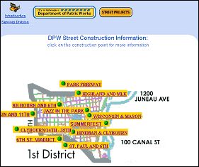 screen shot of DPW Street Construction Information web site. Directions state to click on the construction point name for more information