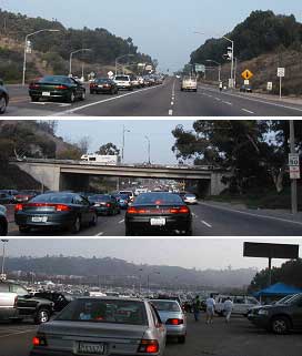 a series of three photos showing traffic queued at a freeway entrance ramp, traffic on a venue access road upstream of a freeway, and traffic exiting an on-site venue parking area