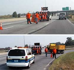 a series of two photos showing roadway maintenance workers deploying temporary signs and traffic control devices to close the right lane of a freeway and a freeway exit ramp
