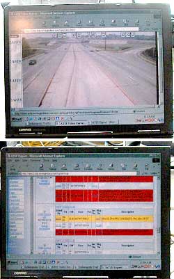 a series of two photos showing a laptop computer screen displaying a closed-circuit video image and a list of active changeable message sign messages